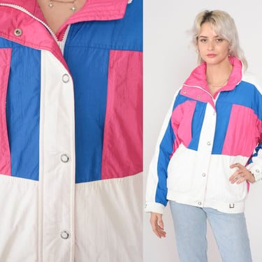 Goretex Jacket 90s Windbreaker White Pink Blue Color Block Quilted Lining Ski Zip Snap Up Coat Insulated Hiking Vintage 1990s Profile Medium 
