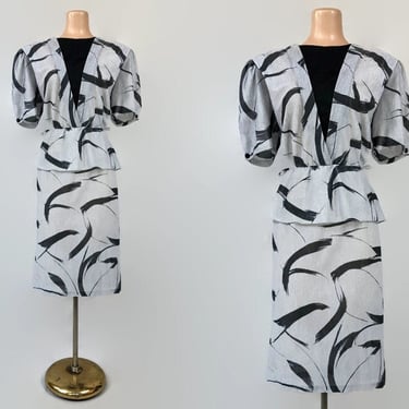 TLC SALE- Vintage 80s Frederick's of Hollywood Peplum Dress Brush Stroke Print | 1980s Power Office Wear | As-Is Wounded Sale | VFG 