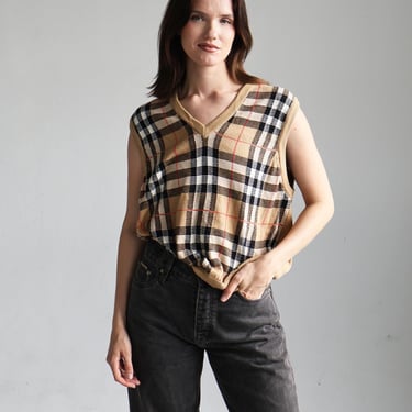 Vintage BURBERRY Nova Check Tan Plaid Cotton Knit Sweater Vest Up sz S M L Horse Check Checkered Top 90s 