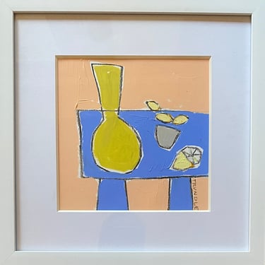 Lemons on Blue Table with Vase