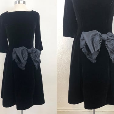 Vintage Early 60s Herbert Sondheim Bonwit Teller Black Velvet Little Black Dress Giant Bow XS/S 