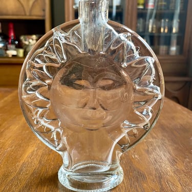 Vintage Clear Glass Embossed Sun Face Bottle Bud Vase | Y2K Celestial Bohemian Boho 