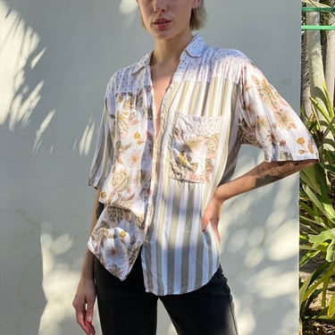 90s Button Up Shirt / Beige and White Stripes with Flowers Basic Nineties shirt / Rayon Patchwork Shirt / Hipster Collar Shirt 