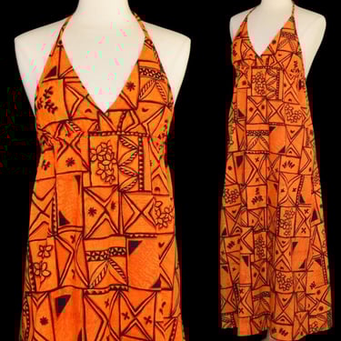 Vintage 70s Hawaiian Halter Maxi Dress, Orange and Black Tiki Tapa Hawaii Print, Backless Dress, Size XS To S, Extra Small to Small 