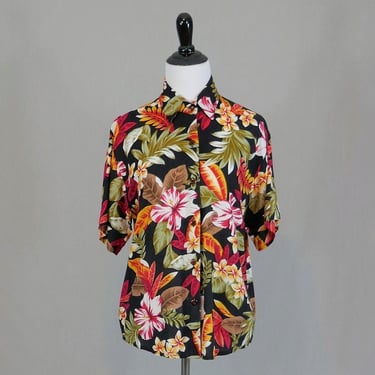 80s Floral Print Blouse - Short Sleeve Button Front Shirt - Black White Red Green Peach Yellow Brown - Jaclyn Smith Sport - Vintage 1980s M 