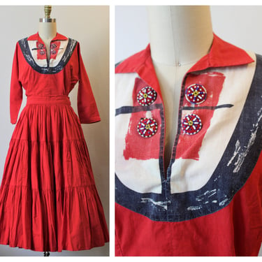Vintage 1940s 50s Arizona Originals One of a Kind Patio Dress Southwest Cotton Circle Skirt Western Dress  // Modern Size US 0 2 4 xs small 