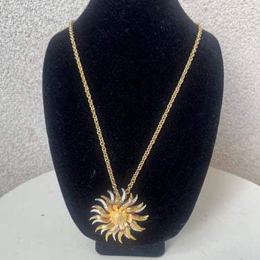 Vintage sunflower pendant/brooch necklace gold tones rhinestones by KJL 