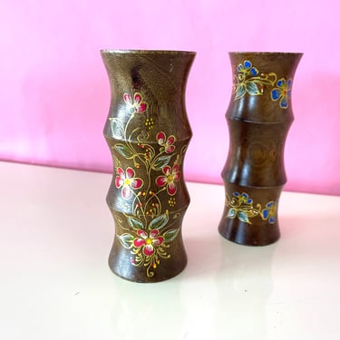 Vintage Pair Bamboo of Teak Candleholders with Hand Painted Designs 