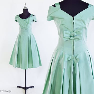 1950s Iridescent Mint Green Taffeta Cocktail Dress | 50s Green Taffeta Party Dress | Small 
