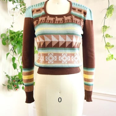 Vintage 1970s Sweater | 70s Knit Animal Striped Geometric Novelty Graphic Pullover Long Sleeve Boho Top | x-small/small 