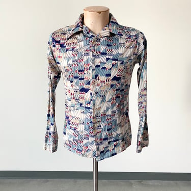 1970s Disco Shirt / 1970s Polyester Button Down Shirt / Abstract 70s Poly Shirt 