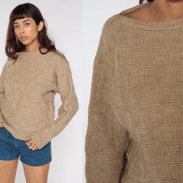 Boatneck Wool Sweater Taupe Textured Sweater 80s Pullover Boat Neck Sweater Plain Knit Vintage Jumper 1980s Medium Large 