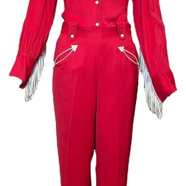 1940s Ranch Maid Red Western Rayon Gabardine Pant Suit with Leather Fringe