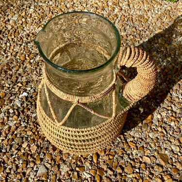 Mid Century Vintage Woven Wicker Wrapped Coiled Thick Glass Pitcher, Unique Sangria Wine Carafe, Margarita Jug, 1.5 liter 