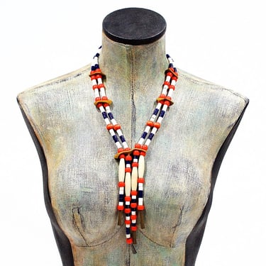 VINTAGE: Multi Strand Glass Bone Leather Necklace - Boho - Hippie - Ethnic - India - SKU 4-E3-00014984 