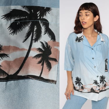 70s Hawaiian Shirt PALM TREE Blouse Blue Beach Scene Tropical Shirt Button Up Pocket Shirt 1970s Retro Tourist Boho Top Beach Extra Large XL 