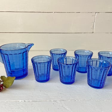 Vintage Anchor Hocking Cobalt Mini Pitcher With Little Glasses, Shot Glasses // Blue Tea Set, Blue Shot Glasses // Perfect Gift 
