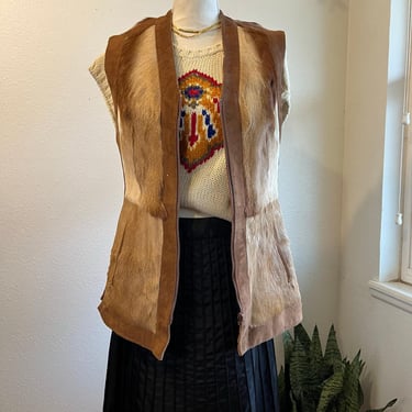 Vintage Handmade 1970s Reversible Brown Hair on Hide/Corduroy Zip Up Vest Small 