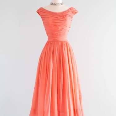Stunning Late 1950's Silk Chiffon Party Dress In Coral Splendor / Medium