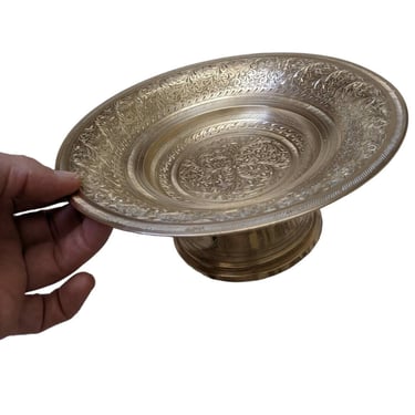 Vintage Engraved Brass Bowl / Footed Brass Catch All Dish / Mid Century Polished Solid Brass Candy Dish 