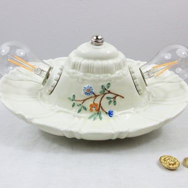 Refurbished Dual Bare Bulb Flush Mount Porcelain Fixture - Deco Era - Ivory with Blue & Orange Florals - 1930's 