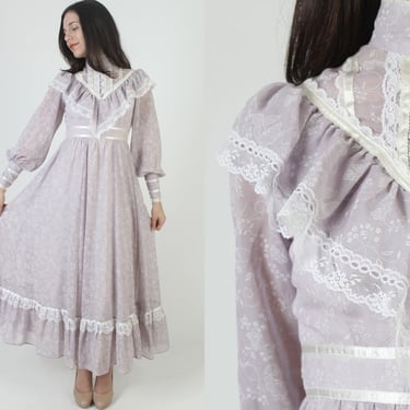 70s Violet Gunne Sax Wedding Dress / Sheer Floral Lightweight Lace / Vintage Romantic Edwardian Bridal Maxi Size 5 