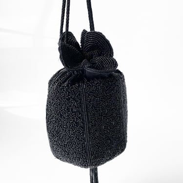 1980s Black Beaded Drawstring Purse