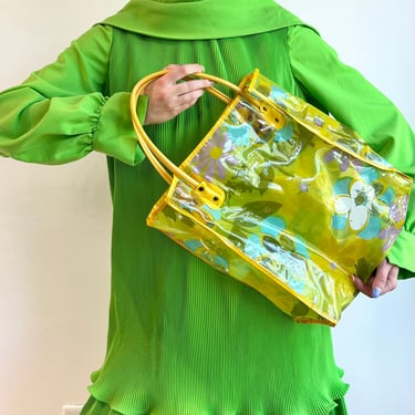 70’s Neon Yellow Blue Purple Floral Clear Plastic Tote Bag Purse