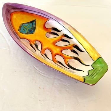 Vintage 00’s Hand Painted Surf's Up Surfboard Bowl by Clay Arts 