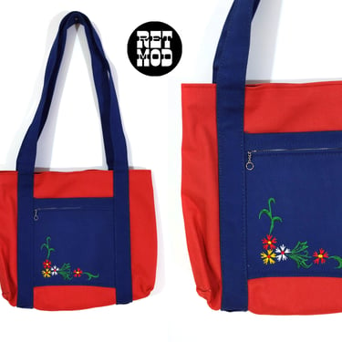 NWOT Vintage 70s 80s Navy Blue & Red Tote Bag with Floral Embroidery 