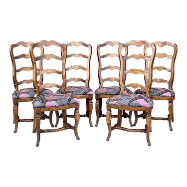 Country French Oak Ladder Back Dining Chairs - Set of 6 