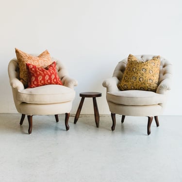 Pair of Tufted Linen Crapaud Chairs