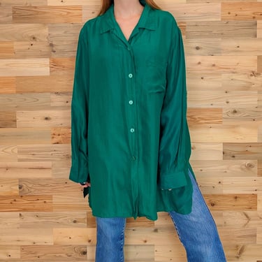 Pure Silk 90's Designer Diane Von Furstenberg Emerald Green Button Up Blouse 