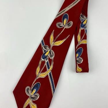 1940's-50's Abstract Floral Printed Tie - TOWNCRAFT DELUXE CRAVAT - Deep Maroon with Yellow, Grey & Blue 