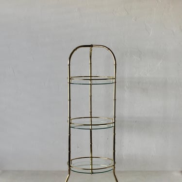 Vintage Cylindrical Faux Bamboo Gold Brass Three Tier Étagère Plant Dessert Stand with Glass Shelves 