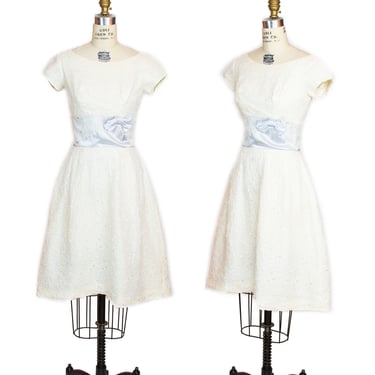 1950s Dress ~ White Organdy Eyelet Lace Party Dress with Blue Satin Waistband Sash 
