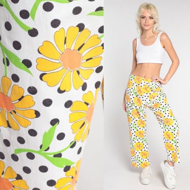 Floral Straight Leg Pants 70s White Polka Dot Pants Bohemian Pants Hippie Trousers High Waisted Boho Festival Yellow Medium 