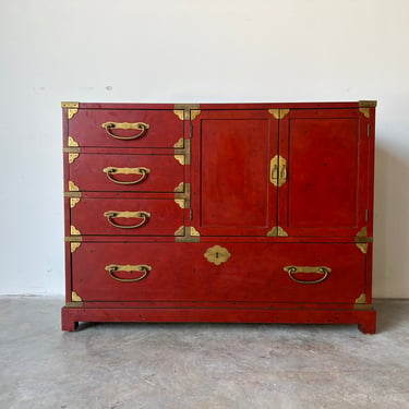 Hollywood Regency Chinoiserie Red Lacquer Commode With Brass Hardware by Century Furniture 