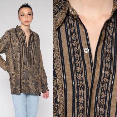 Batik Shirt 90s Indonesian Floral Print Top Black Gold Metallic Button up Hippie Bohemian Psychedelic Long Sleeve Vintage 1990s Medium M 