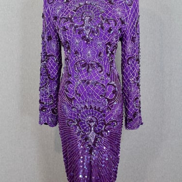 1980s Eve's Allure Purple Beaded Cocktail Dress - Formal Wear, Black Tie, Evening Dress - Cocktail Party - Party Dress 