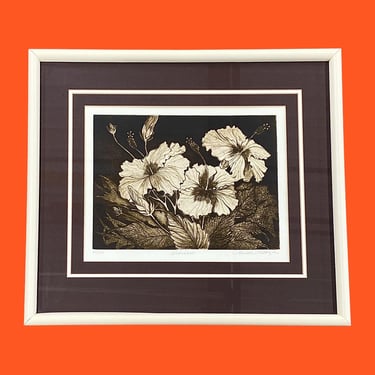 Vintage Linda Lloyd Etching 1980s Retro Size 18x20 Bohemian + Hibiscus + 46/150 + Signed + On White Paper + Floral Wall Art + Flower Drawing 