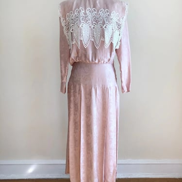 Pale Pink Silk Damask Dress with Lace Trim - 1980s - By Jesica McClintock 