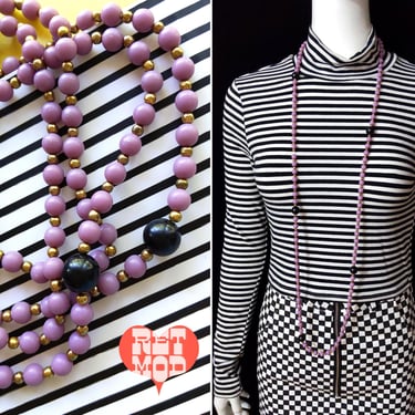 Nice Vintage Light Dusty Purple & Black Long Beaded Necklace 
