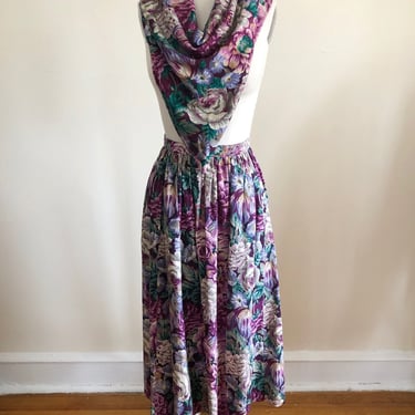Laura Ashley Purple Floral Print Midi/Maxi Skirt with Matching Scarf - 1980s 