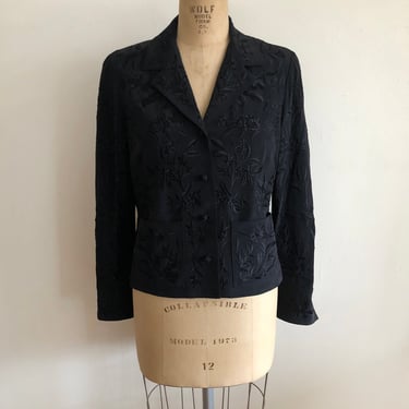 Black, Embroidered Sandwashed Silk Blazer - 1990s 