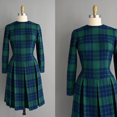 vintage 1950s Blue & Green Plaid Print Wool Dress - Medium 