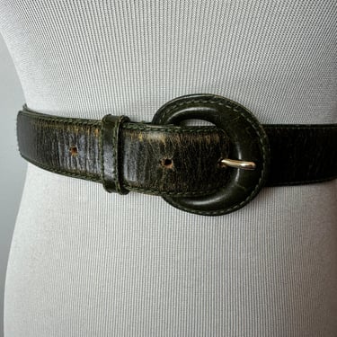80’s 90’s dark green leather belt distressed semi weathered look~ emerald green size small 