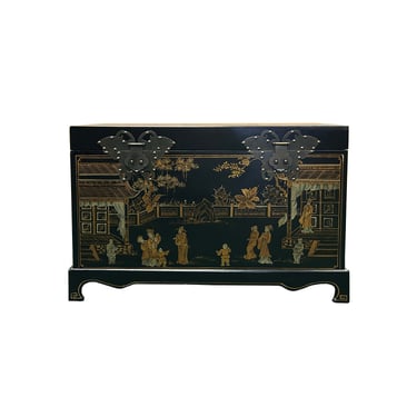 Vintage Distressed Black Veneer People Scenery Oriental Trunk Table ws3739E 