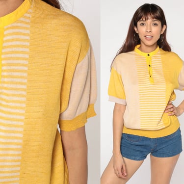 Yellow Knit Shirt 70s Striped Henley Short Sleeve Sweater Top Button Up Retro Preppy Color Block Seventies Vintage 1970s Large L 