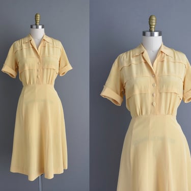 1940s vintage dress | Lady Alice Buttercup Yellow Rayon Shirt Dress | Large | 40s dress 